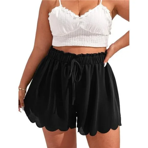 MakeMeChic Women's Plus Size Elastic Waist Scallop Trim Flowy Wide Leg Shorts - Picture 1 of 6